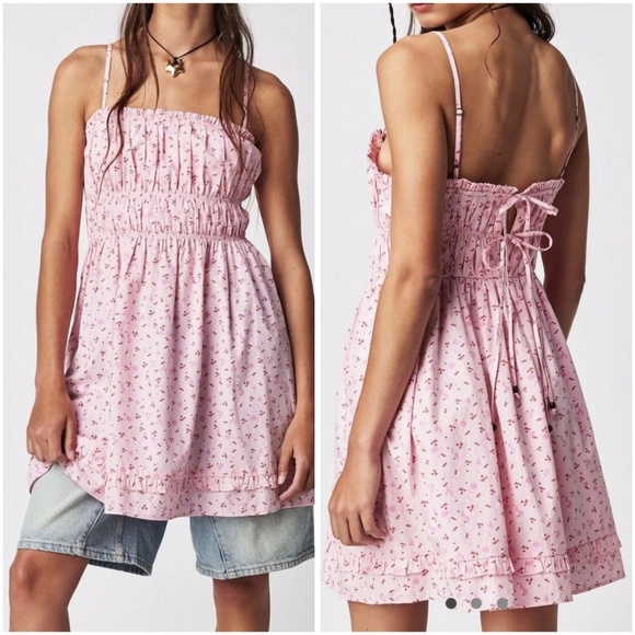 Free People Size S Gaby Mini Dress Pink Floral Cotton Smocked Tie Back Pockets - Picture 1 of 16